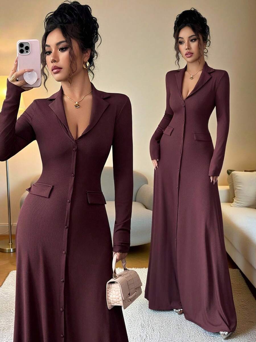 SHEIN Elenzya 女式标准尺码纯色罗纹修身优雅针织连衣裙，秋冬 - 咖啡 - 查看 1
