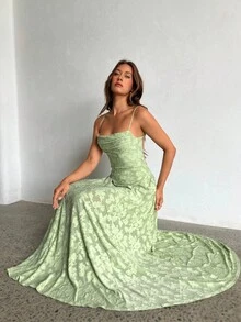 Aloruh 女士优雅细肩带露背绿色提花镂空连衣裙 - 綠色 - 查看 10