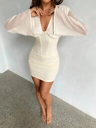 Aloruh Nowa, jednokolorowa, beżowa, damska, luźna sukienka z szyfonu z długim rękawem, idealna na randki, popołudniową herbatę, mini sukienkę, jesień/zima