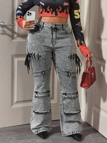 Slaydiva Plus Lace Up Front Flare Leg Jeans - Blue - View 7