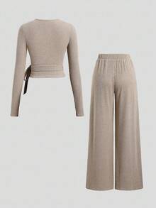 Sweetra Women's Textured Fabric Casual Commuter Tie Bow Blouse And Pants Set, Autumn - Apricot - View 2