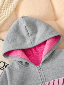 SHEIN Tween 女童休闲印花字母针织连帽保暖长袖运动衫外套秋冬女童服装 - 灰色 - 查看 5