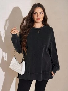 Comfylo 加大码纯色圆领休闲百搭长袖运动衫感恩节服装女式新年女装冬季连衣裙冬装女式狂欢服装女式冬装上衣连帽衫