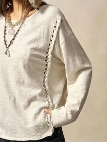 Bohemela T-shirt ample en tricot à col ras-du-cou, manches longues, couleur unie, style bohème décontracté pour l'automne, pour femmes