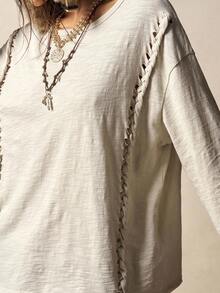 Bohemela T-shirt ample en tricot à col ras-du-cou, manches longues, couleur unie, style bohème décontracté pour l'automne, pour femmes