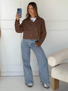SHEIN EZwear 女式休闲纯色双排扣短款夹克，秋季 - 鏽棕色 - 查看 5