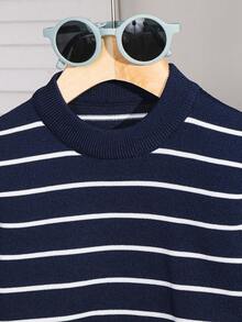 1 Piece Young Boy Casual College Comfortable Fashion Simple Practical All-Match College With Stripes Comfortable Thick Warm Round Neck Sweater Sweater School Back To School Daily Suitable For School Suitable For Travel Suitable For Sports Suitable For Autumn And Winter Fall - Navy Blue - View 3