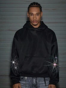 AXEPEAK 男士水钻装饰图案卫衣，宽松连帽卫衣，适合秋冬 - 黑色 - 查看 6