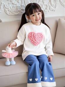 Genkimix Kids 2pcs/Set Young Girl 3D Heart Decor Crew Neck Long Sleeve Sweatshirt And Flare Pants Casual Outfit - Multicolor - View 4