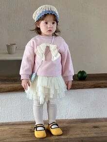 DAZY Toddler Girls' Round Neck Bow Decor Korean Style Long Sleeve Sweatshirt, Autumn/Winter