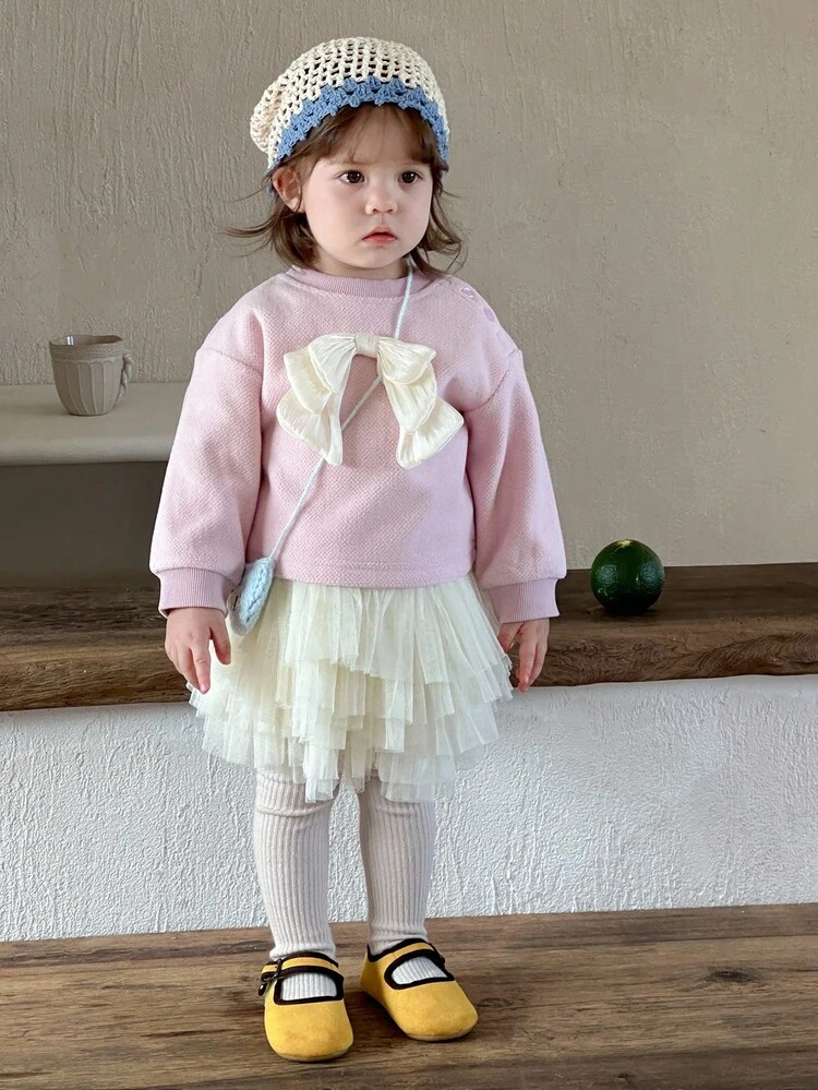 Toddler Girls' Round Neck Bow Decor Korean Style Long Sleeve Sweatshirt, Autumn/Winter