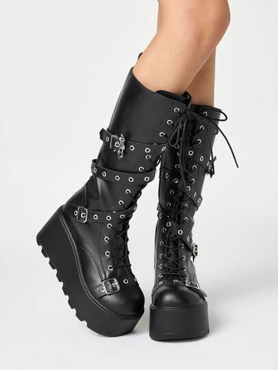 Grunge Punk 2025 Autumn/Winter New Round Toe Thick Sole Punk Style Buckle Strap Pants Leg Boots, Leather Outdoor Fashion Slip-On Knee-High Boots