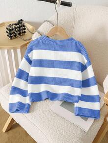 Souflis Souflis 少女休闲条纹短款圆领长袖毛衣，秋冬 - 藍白色 - 查看 2