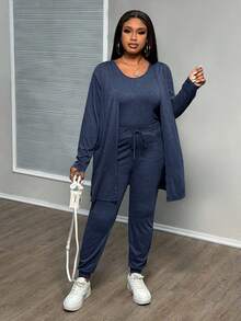 Slaydiva Bộ 3 áo vest + quần + áo khoác thanh lịch cỡ lớn dành cho nữ, mùa thu/đông - Xanh đậm - Xem 5