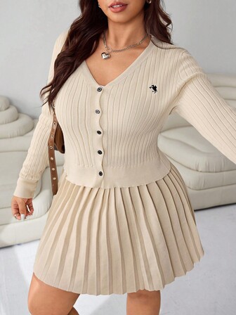 Solflare 大码女式秋季骑士刺绣长袖针织开衫和针织褶皱中长裙套装