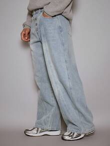 Musero Baggy Barrel Leg Seam Detailing Button Up Denim Jeans Fall/SPRING SUMMER - Blue - View 4
