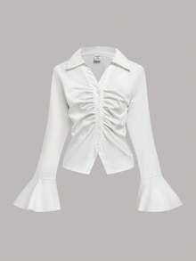 Tween Girl White Collared Shirt, Fitted Waist & Flare Sleeve, V-Neck, Elegant Casual & Versatile, Spring, Fall, Winterholiday,Summer,Travel,Getaway - White - View 8