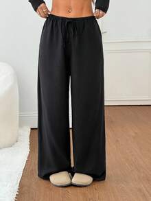 SHEIN PETITE Women's Black Solid Color Linen Low-Waist Straight-Leg Casual Pants, Suitable For Vacation, Petite Version,Black Pants,Black Pant - Black - View 7