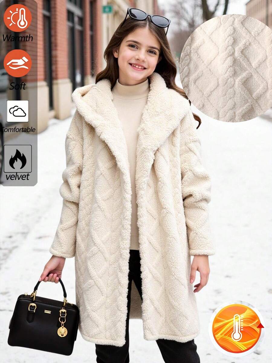 SHEIN 少女休闲保暖提花连帽长款开衫，杏色和浅卡其色，秋冬女装，少女冬季服装，少女长款开衫 - 杏色 - 查看 1