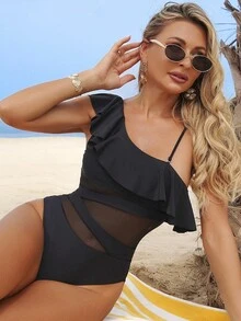 Swim Lushoire Badeanzug mit Rüschenbesatz, Kontrast Netzstoff