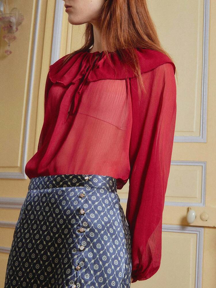 Blusa bohemia roja con cuello con volantes y mangas abullonadas largas, top de salida de otoño