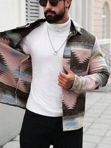 Manfinity Homme 休闲街头风格宽松长袖前扣男士夹克，适合秋季 - 彩色 - 查看 6