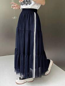 FRIFUL 撞色帶荷葉邊裙 - 藏蓝色 - 查看 3