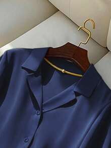 Franclia Áo sơ mi tay ngắn cổ bẻ màu trơn thường ngày dành cho nữ, mùa hè - Màu xanh hải quân - Xem 3