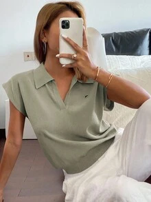 Livesso Women's Solid Color Fitted Knit POLO Collar Top, Casual For Commute, Spring/Summer - Mint Green - View 5