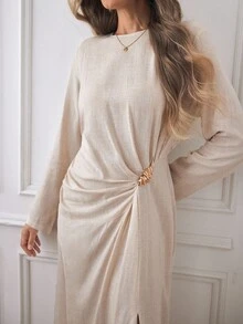 Louniche 女士优雅简约高端休闲度假通勤舒适纯色亚麻圆领前褶金属装饰松紧腰长袖长裙，春秋冬 - 杏色 - 查看 5