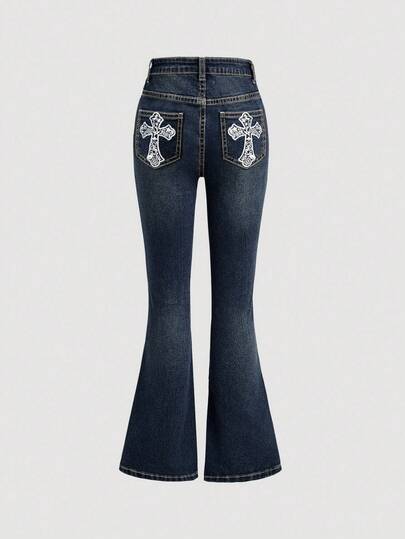 SHEIN Girlism Tween Girls Y2k Retro Millennium Pocket Stars Moon Cross Embroidery Rhinestone Decor Skinny Flare Jeans, Embroidered Jeans, Cross Jeans, Boot Cut Jeans, Women Bootcut Jeans