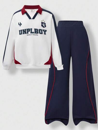 SHEIN Explorewe Áo thun polo thể thao cổ chữ V màu tương phản cổ tròn tay dài có ve áo rộng rãi in hình xe máy và quần dài thể thao dệt sọc đỏ màu xanh navy, bộ 2 món, được làm từ vải cao cấp, thân thiện với da, thích hợp mặc vào mùa xuân, mùa thu và mùa đông, phù hợp với không khí Giáng sinh và Halloween