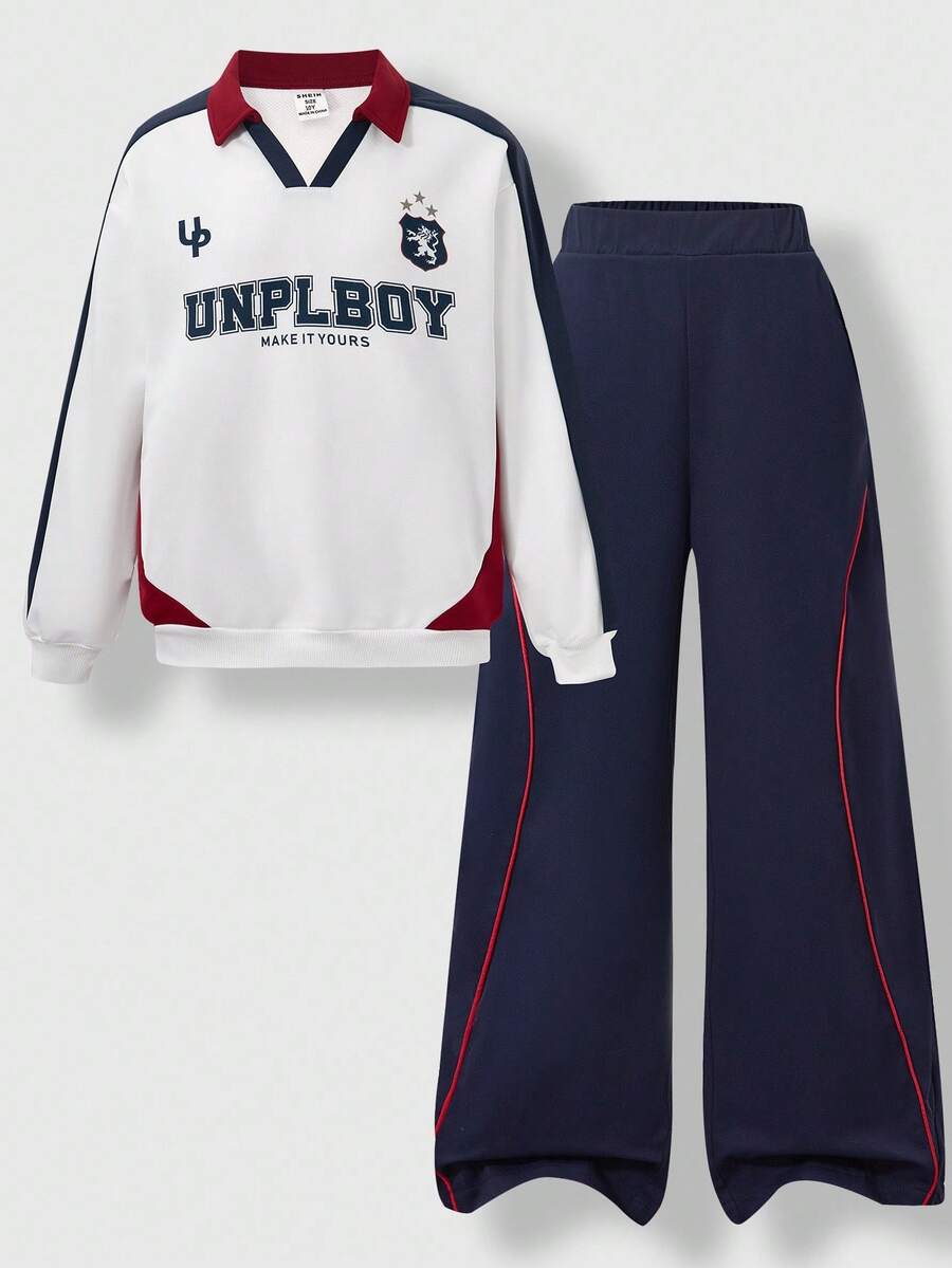 SHEIN Explorewe Tween 男童运动复古 V 领撞色 POLO 衫,长袖翻领宽松印花摩托车拼接上衣和藏青色梭织运动直筒红色条纹设计长裤,2 件套,此款采用优质面料制成,亲肤,适合春秋冬穿着,适合圣诞节和万圣节氛围 - 彩色 - 查看 1