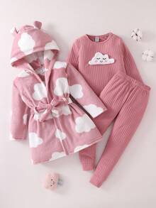 SHEIN Playful Pals 3件套女童可爱独角兽印花睡衣套装 - 粉色底长袖上衣、长裤和毛绒开衫，秋冬季女童冬季服装套装 - 藕粉色 - 查看 3