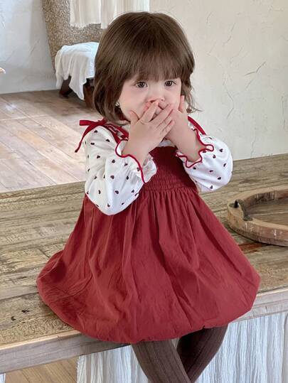 DAZY 女童花卉印花荷叶边下摆长袖 T 恤和纯色休闲泡泡裙两件套