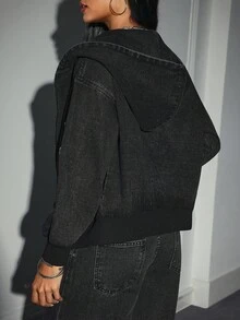 Jeanoix Women's Fashion Hollow Out Hooded Denim Jacket - Black - View 2