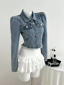 Elamini 單排扣毛邊下擺泡泡袖牛仔夾克 - 中等水洗藍 - 查看 4