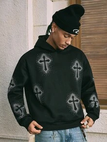 AXEPEAK Men's Autumn/Winter Rhinestone Cross Pattern Loose Fit Casual Hoodie Sweatshirt - Black - View 3