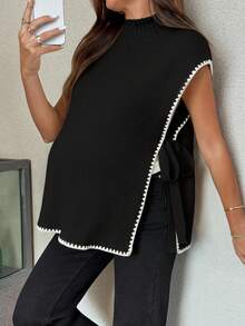 SHEIN 女式休闲撞色边侧开衩针织背心，秋冬 - 黑色 - 查看 3