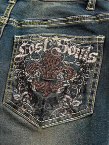 ROMWE PETITE 女式复古 Y2K 豹纹字母刺绣喇叭牛仔裤 - 藍色 - 查看 2