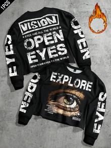 Manfinity EMRG 男士街头风流行INS涂鸦眼睛图案印花男友/老公礼物、周年纪念礼物，黑色套头卫衣，秋冬款