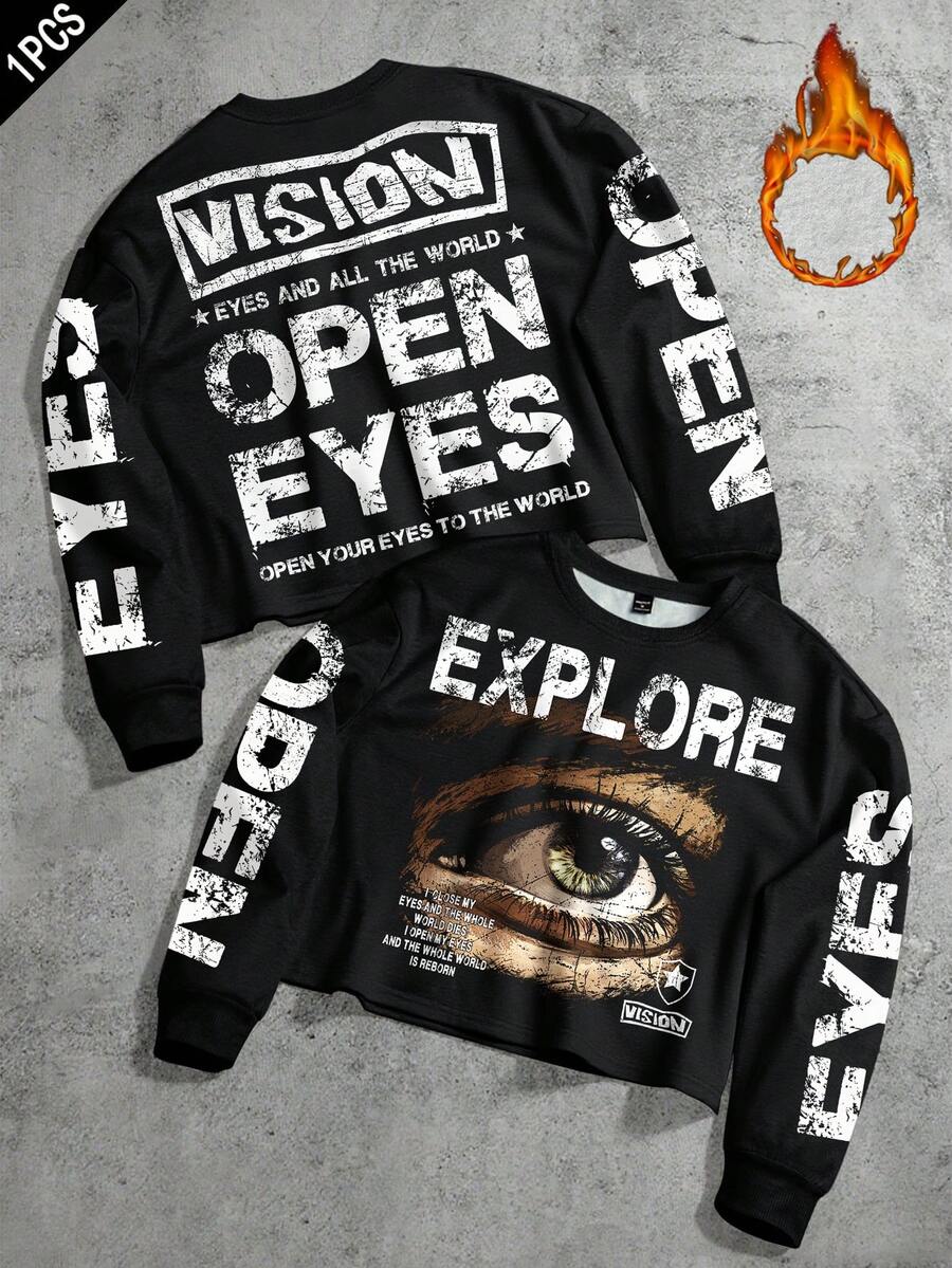 Manfinity EMRG 男士街头风流行INS涂鸦眼睛图案印花男友/老公礼物、周年纪念礼物，黑色套头卫衣，秋冬款