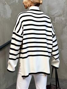 EURMUSE Striped Pattern Turtleneck Drop Shoulder Jumper - White - View 2