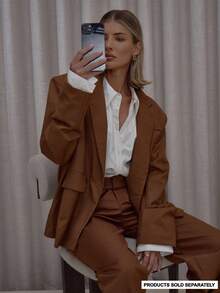 MUSERA Extreme Oversized Faux Pocket Detail Blazer Only Streetwear Classy Casual Sexy Going Out Fall Autumn Toffee Spring - Mocha Brown - View 3