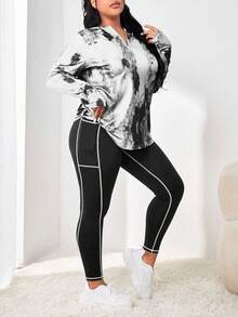 Easithlete Große Größen Batik Schwarz & Weiß Langarm Top & minimalistischer langer Sporthose Anzug