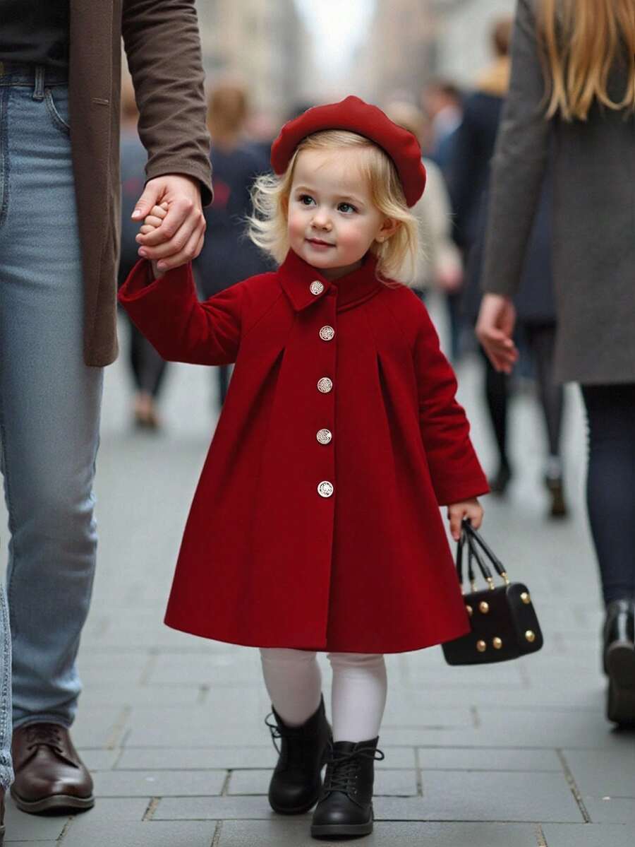 女童纯色高领A字长袖毛呢外套。款式简约时尚。A字廓形优雅大方，适合宝宝各种场合穿着。无论是日常外出、居家休闲，还是参加晚会，都能让宝宝成为最吸睛的小公主。也是妈妈们为宝宝挑选的理想时尚单品。