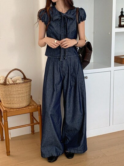 DAZY Women's Round Neck Tie Front Short Sleeve Denim Shirt And Straight Leg Jeans Casual 2-Piece Outfit Cute Tops