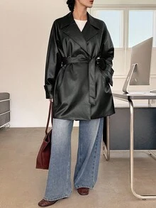 DAZY Veste coupe-vent mi-longue en PU pour femmes, décontractée et polyvalente