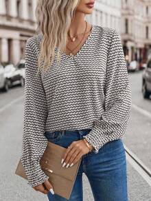 EMERY ROSE Blusa suelta de moda con cuello en V a rayas y mangas farol para mujer