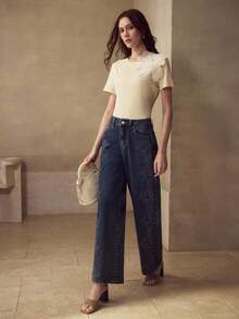 MOTF PREMIUM WOMEN'S ELEGANT MINIMALIST LACE PATCHWORK JEANS - Blue - View 6